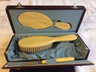 Antique boxed 3 piece mirror, brush set, View more