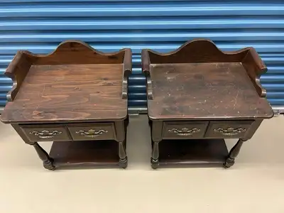 Pair of Vintage Dark Wood Nightstands w/ Gallery Top and Drawer, View more