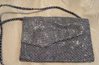 true vintage EVENING envelope BAG silver lurex BLACK STONES brai