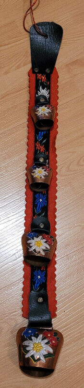 Vintage 4 Copper Hand Painted Swedish Hanging Bells on Strap