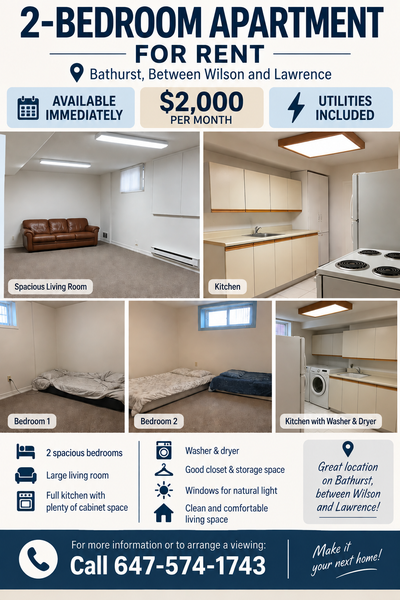 Spacious 2-bedroom apartment for rent in a convenient location on Bathurst, between Wilson and Lawre...
