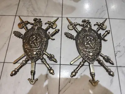 Vintage pair of Japan made cast aluminum gilt shield wall decor, View more