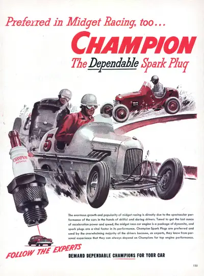 Large 1946 full-page, vintage ad for Champion Spark Plugs, Midget Racers Title- “Preferred in Midget...