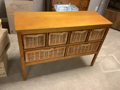 2 Wood and wicker storage units, View more