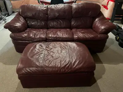 Burgundy leather couch and ottoman, View more
