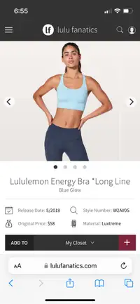 Lululemon Energy Bra Long Line *Medium Support,B-D cup size 2