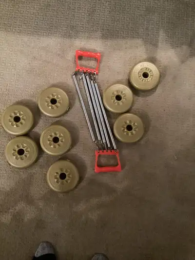 Eight York 21/2 lb weights, along with a chest expander .