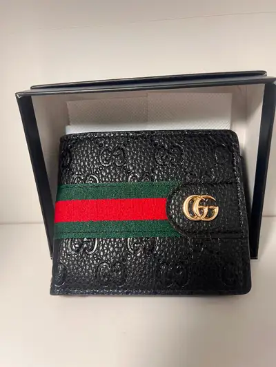 New with box Men Black Leather Wallet Stripe Canvas Logo, View more