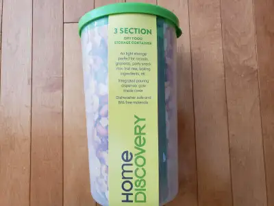 Dry food container home discovery. 3 section dry food storage container. Dishwasher safe. 9.5" tall/...