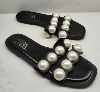 Zara Women Black Leather Slide Sandals , View more