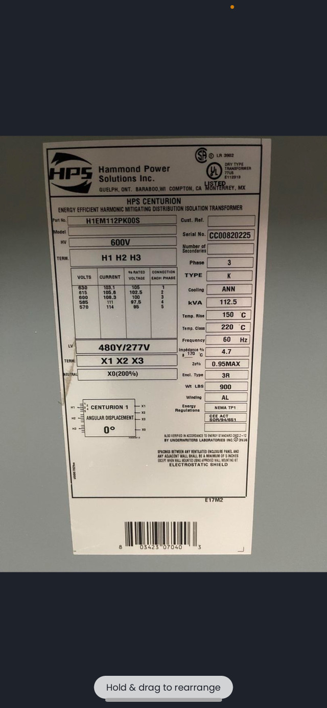 transformateur 112.5 kva 600/480/277 Hammond  dans Autres équipements commerciaux et industriels  à Laval/Rive Nord - Image 2