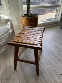 Teak wood and wooven leather foot stool