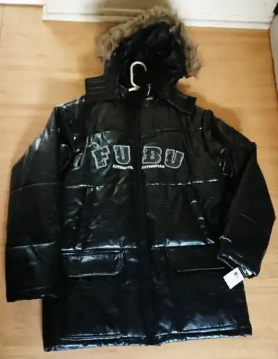 Vintage FUBU The Collection Menls 2XL (Size 14/16) Black Hooded Winter Jacket in Brand New condition...
