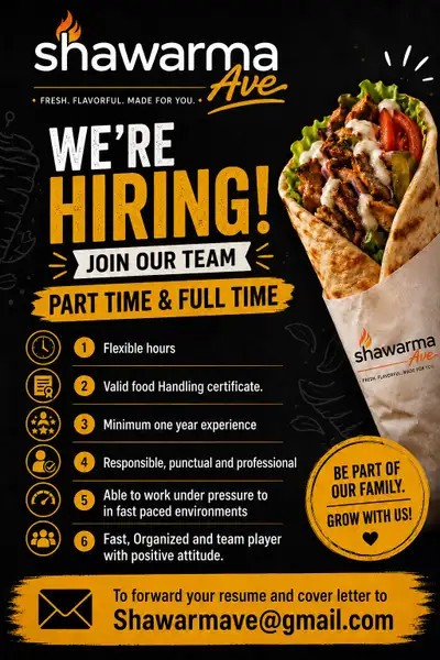 Part time and Full time Job opportunities. Forward your resume and cover letter at Shawarmave@gmail....
