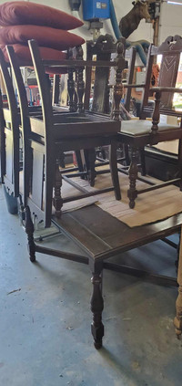 Antique tables, hutch, chairs etc