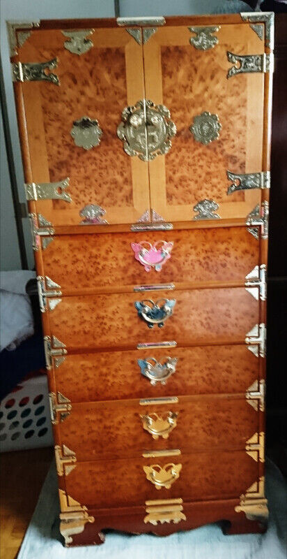 Asian Oriental Dresser Cabinet Solid Wood Brass Butterflies in Arts & Collectibles in Oshawa / Durham Region