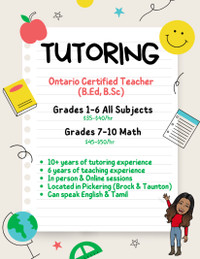 Tutoring - Grade 1 to 10 - Ontario Certified Teacher
