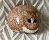 Cute Rock Painted as a Cat, Signed Soleil, Paperweight