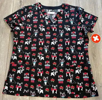 White Cross Women's Boston Scrub Top - Holiday Bulldog - LARGE, View more