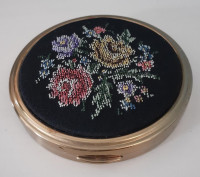 Vintage 60s Embroidered Powder Compact Floral Petit Point unused