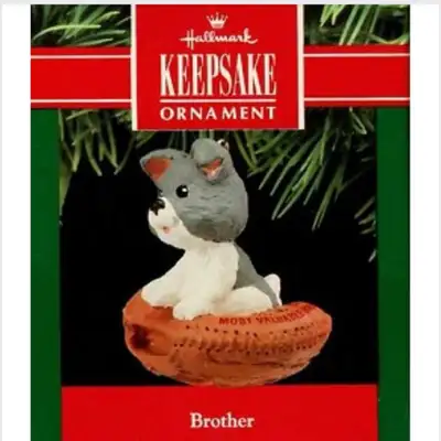 hallmark ornament 1990 “brother” puppy in baseball mitt, View more