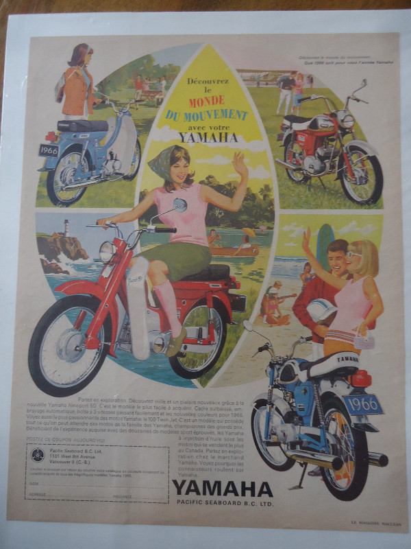 1966 Moto Publicité de Motocyclette Yamaha 13" x 10" Rare Bike dans Art et objets de collection  à Lévis