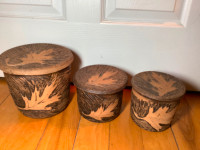 4 Vtg Pottery Canisters w Embossed Leaf Motifs