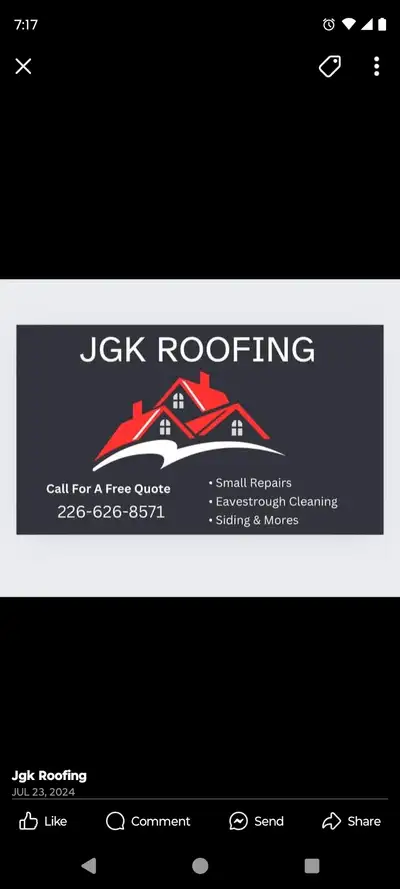 Licence JGK roofing company please call 519-784-9498 or 226-626-8571 Roofing repairs House Siding Ea...