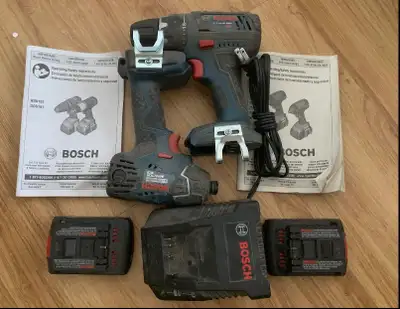 BOSCH DRILL - SOLD AS SET 1 - BOSCH 18V 1/2 in. Compact Drill 1 - BOSCH 18V 1/4 in. Hex Impact Drive...
