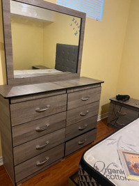 Queen size storage bed , 2 side table , dresser and mirror 
