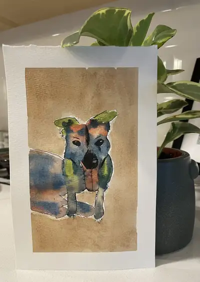 5X7 Watercolor Dog (AKA Roxy) and her Shadow painted by me. Can be framed or used as a greeting card...
