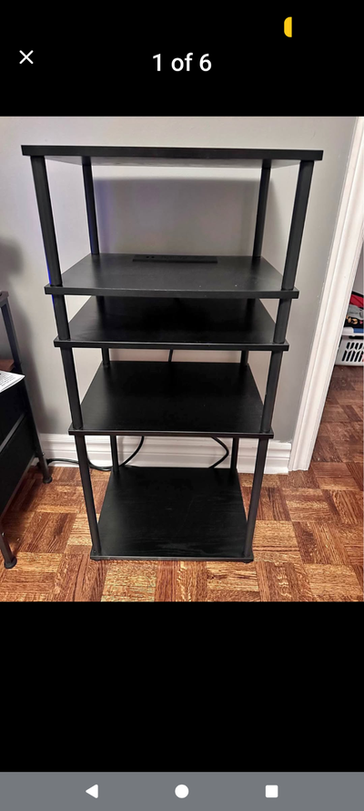 5 tier wooden shelf with USB ports and power supply on shelf, View more