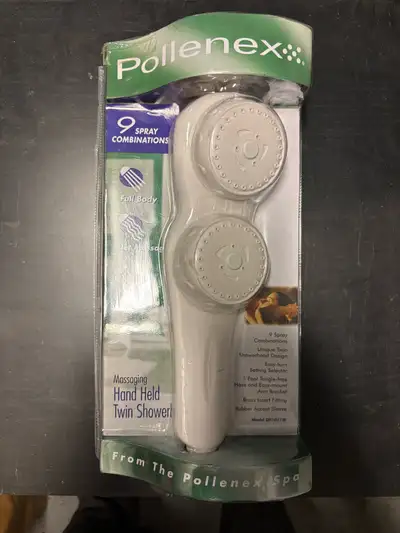 Upgrade your shower experience with this new-in-box Pollenex massaging hand-held twin showerhead fea...