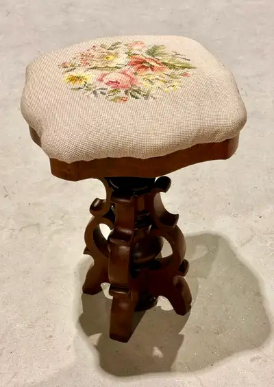 Victorian Walnut Piano Stool (w Needlepoint Floral Upholstery), View more