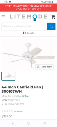 Kichler "Canfield " Ceiling fan satin natural white.  New in box