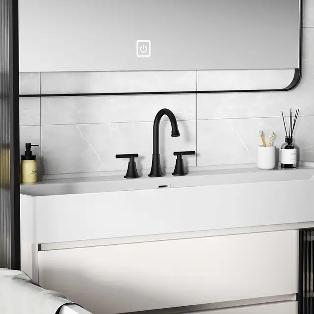 2 Pack Bathroom Faucets for Sink 3 Hole, Hurran Matte Black in Bathwares in Gatineau - Image 8