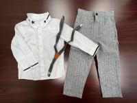 Size 100 (2yrs) White Dress Shirt Gray Pants Suspenders Formal