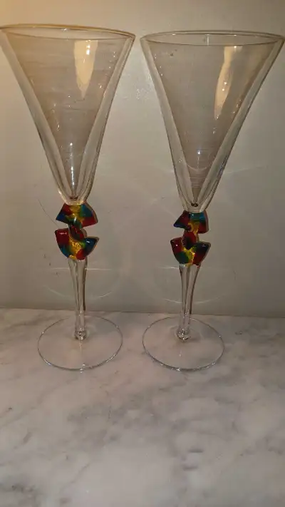 10"T Unique Set of 2 Glass Champagne Flutes Multi-Colored , View more