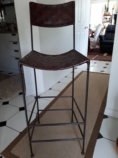 SINGLE Bar Stool- Solid Metal Frame, and Woven Genuine Leather, View more