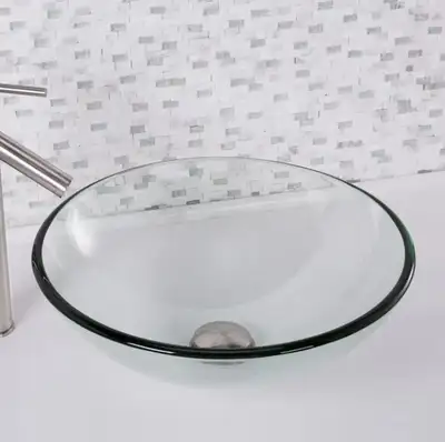 Crystalline Clear Glass Handmade Circular Vessel Bathroom Sink -