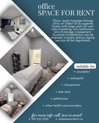 Large room in clean, quiet massage therapy clinic for rent. Currently furnished but can be emptied....