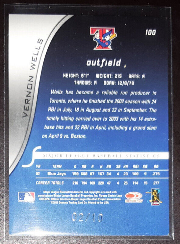 2003 JAYS Donruss Signature Autographs Decade #100 Vernon Wells in Arts & Collectibles in St. Catharines - Image 3