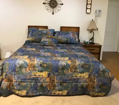 Queen size bed and nightstand, View more