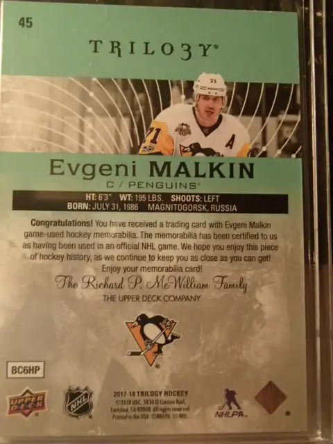 carte de hockey upper deck trilogy  evgani malkin jersey SP62854393383425121