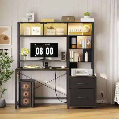 Brand new Computer Desk with Hutch, LED Lights, and drawers, View more