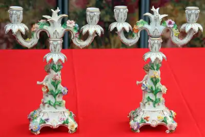 Pair of Detachable Antique Dresden Porcelain Candelabras, View more