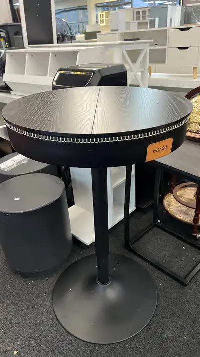Height Adjustable Bar Table, Round High Pub Table with Storage, Synthetic Leather with Stitching, Mi...