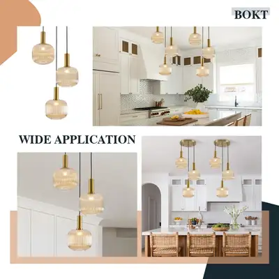 Brushed Brass 3-Light Amber Globe Chandelier - Adjustable Hangin, View more