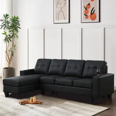New Reversible Sectional Sofa in Faux Leather - Black Clearance, View more