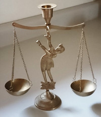 Vintage Brass Weight of Justice Candle Holder w/ Hanging Scales